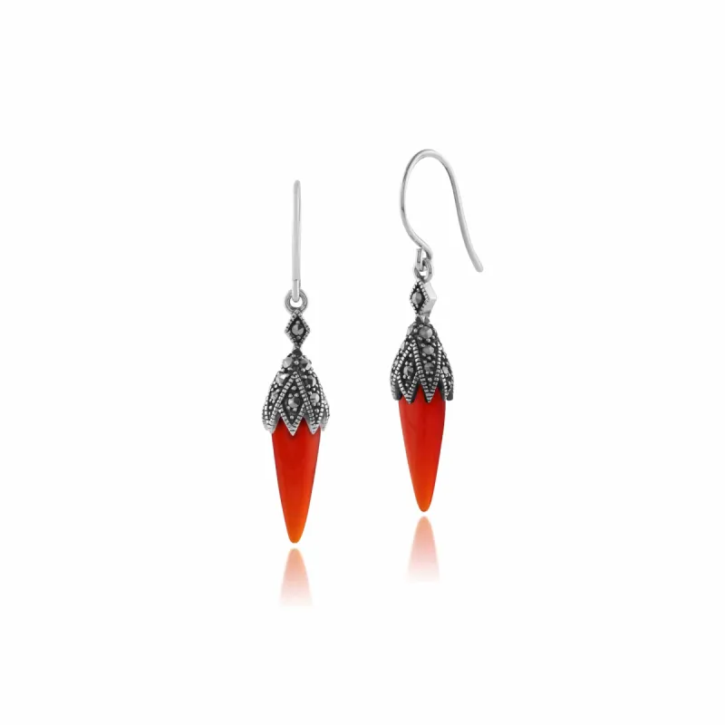 Art Deco Style Pear Carnelian & Marcasite Drop Earrings in 925 Sterling Silver sold by Gemondo Jewellery