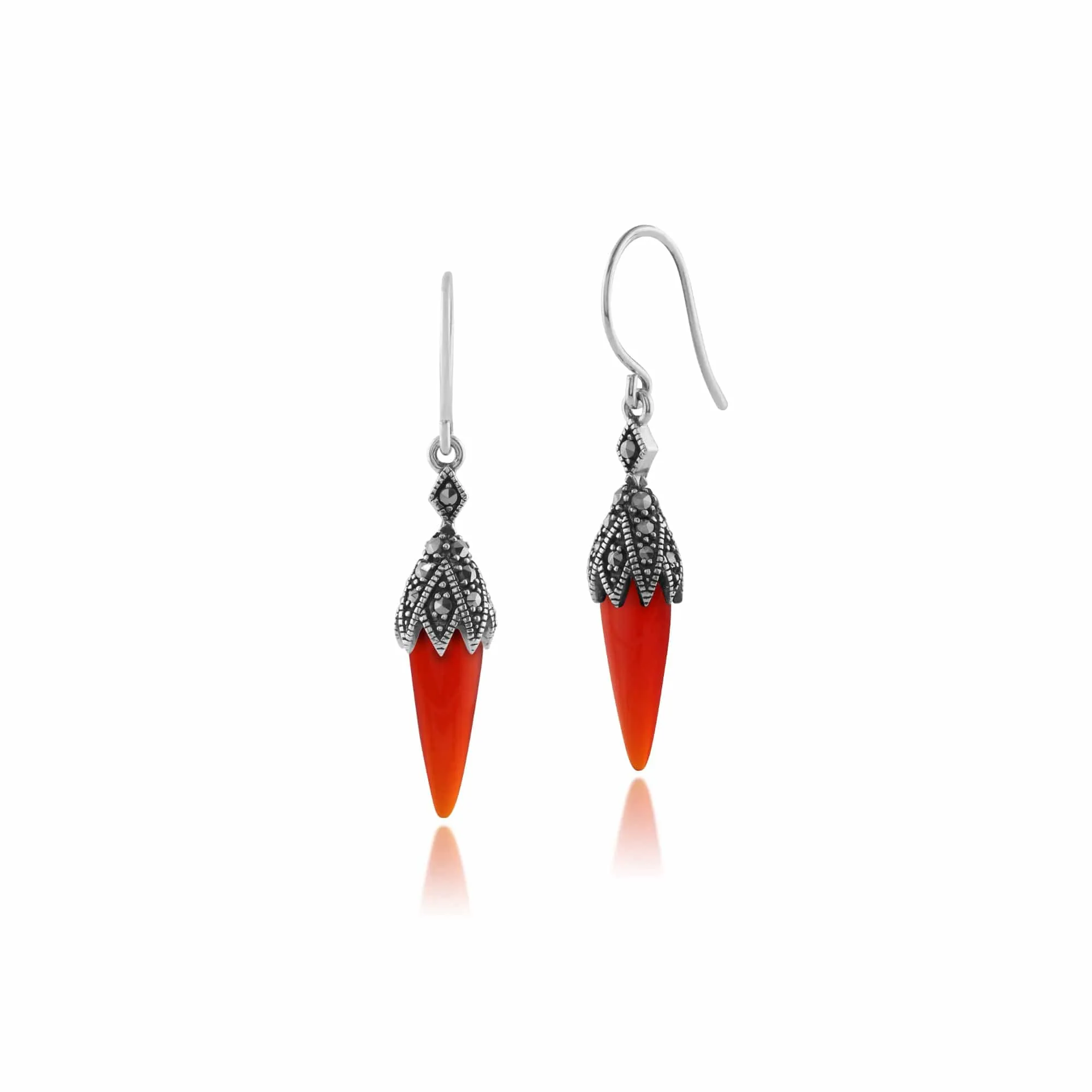 Art Deco Style Pear Carnelian & Marcasite Drop Earrings in 925 Sterling Silver sold by Gemondo Jewellery