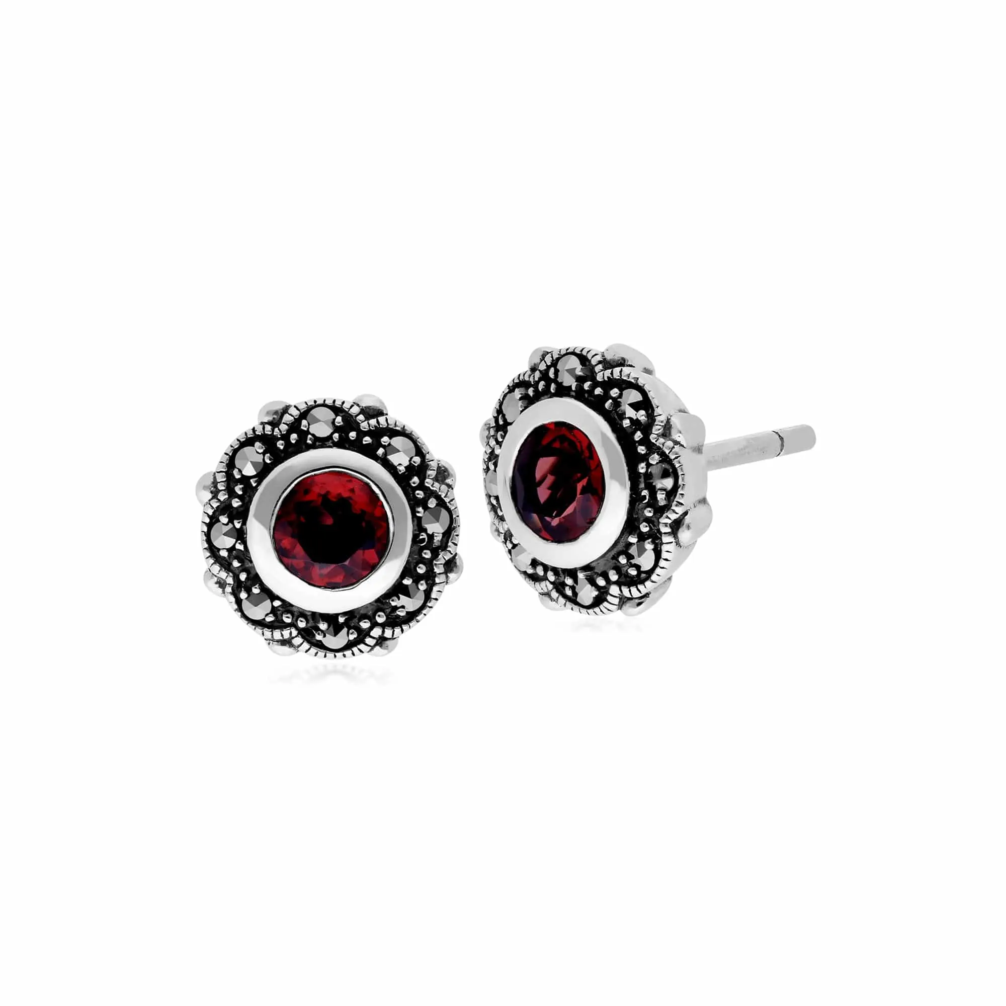 Art Nouveau Style Round Garnet & Marcasite Floral Stud Earrings in 925 Sterling Silver sold by Gemondo Jewellery