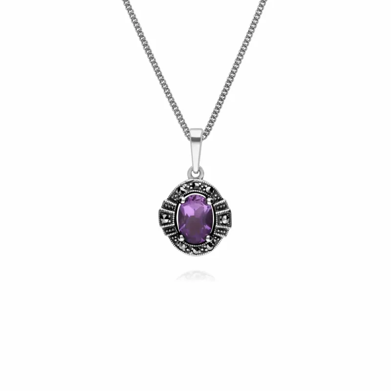 Art Deco Style Oval Amethyst & Marcasite Halo Pendant in 925 Sterling Silver sold by Gemondo Jewellery