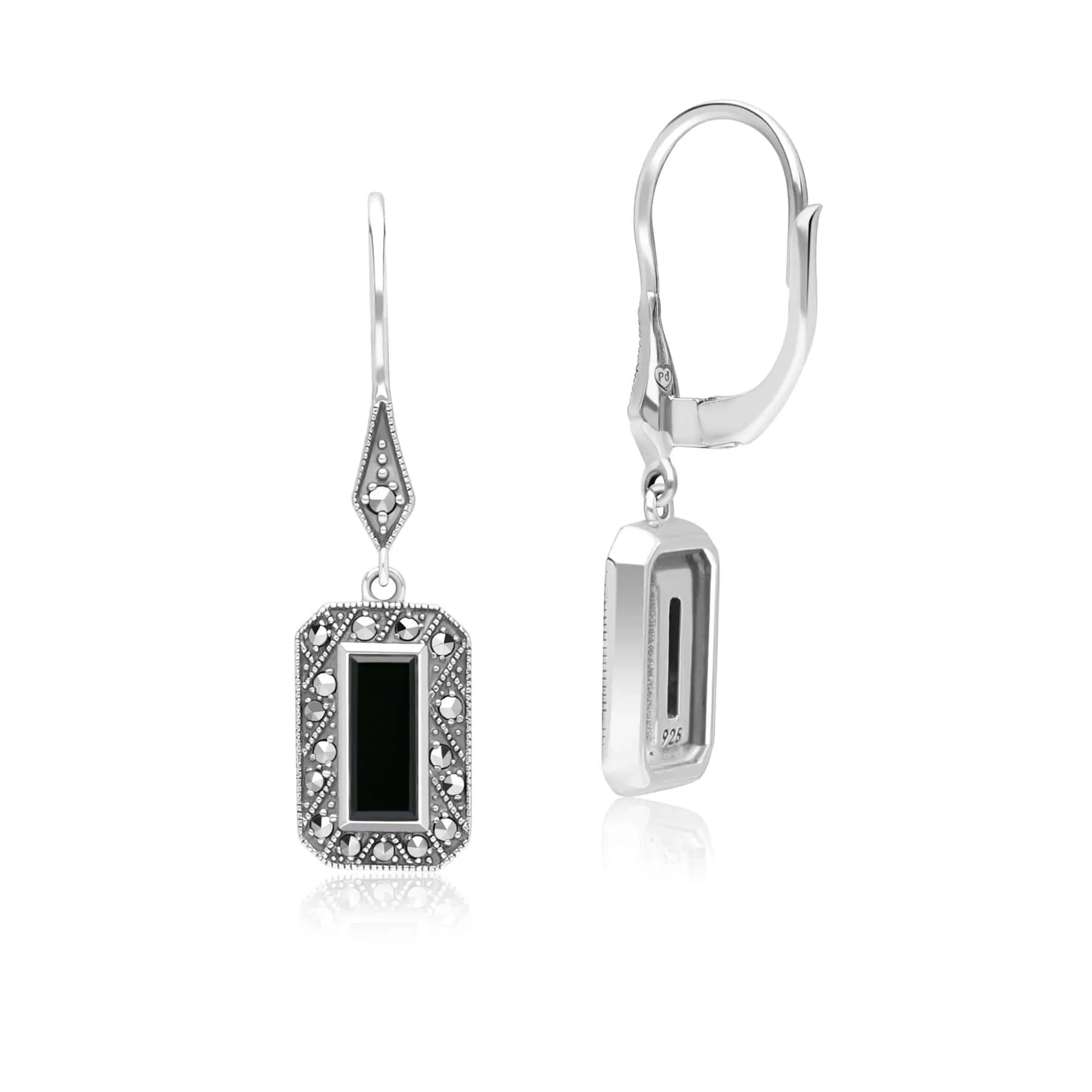 Art Deco Style Rectangle Onyx and Marcasite Drop Earrings in Sterling Silver sold by Gemondo Jewellery product image thumbnail 3