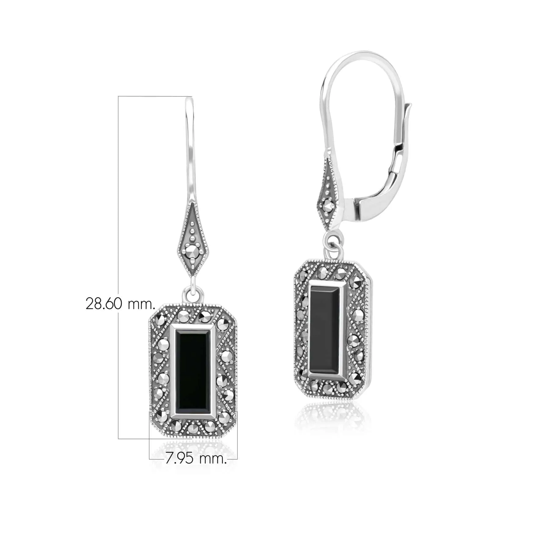 Art Deco Style Rectangle Onyx and Marcasite Drop Earrings in Sterling Silver sold by Gemondo Jewellery product image thumbnail 4