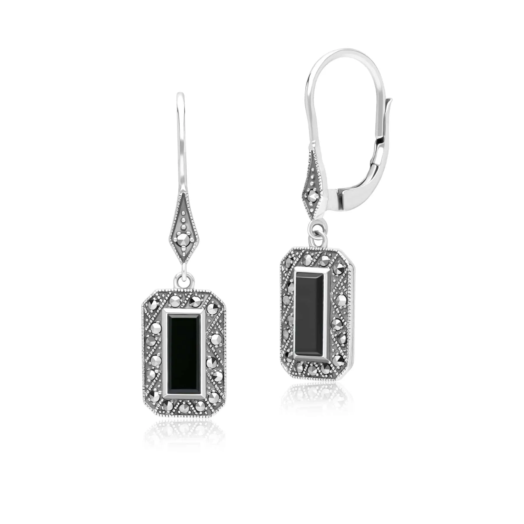 Art Deco Style Rectangle Onyx and Marcasite Drop Earrings in Sterling Silver sold by Gemondo Jewellery