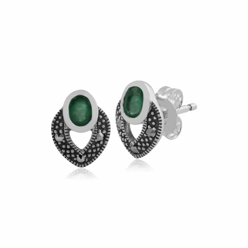 Art Deco Style Oval Emerald & Marcasite Stud Earrings in 925 Sterling Silver sold by Gemondo Jewellery