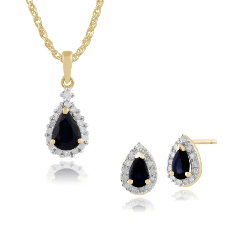 Classic Pear Sapphire & Diamond Halo Pendant Stud Earrings & Pendant Set in 9ct Yellow Gold sold by Gemondo Jewellery