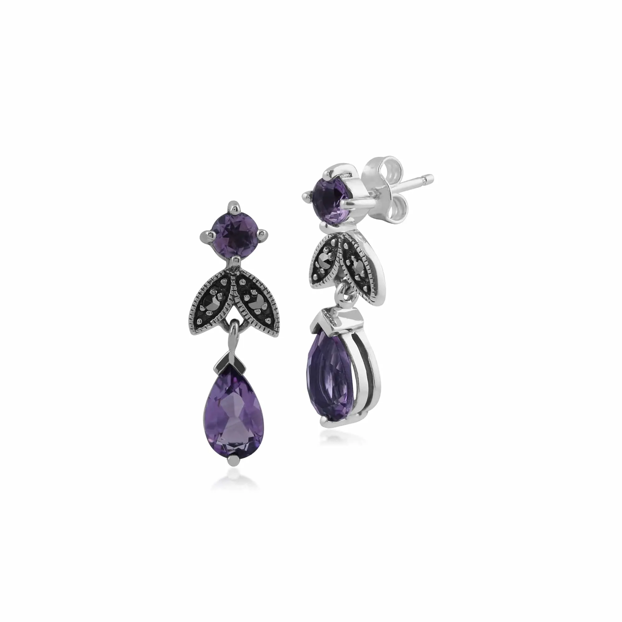 Art Deco Style Pear Amethyst & Marcasite Drop Earrings in 925 Sterling Silver sold by Gemondo Jewellery
