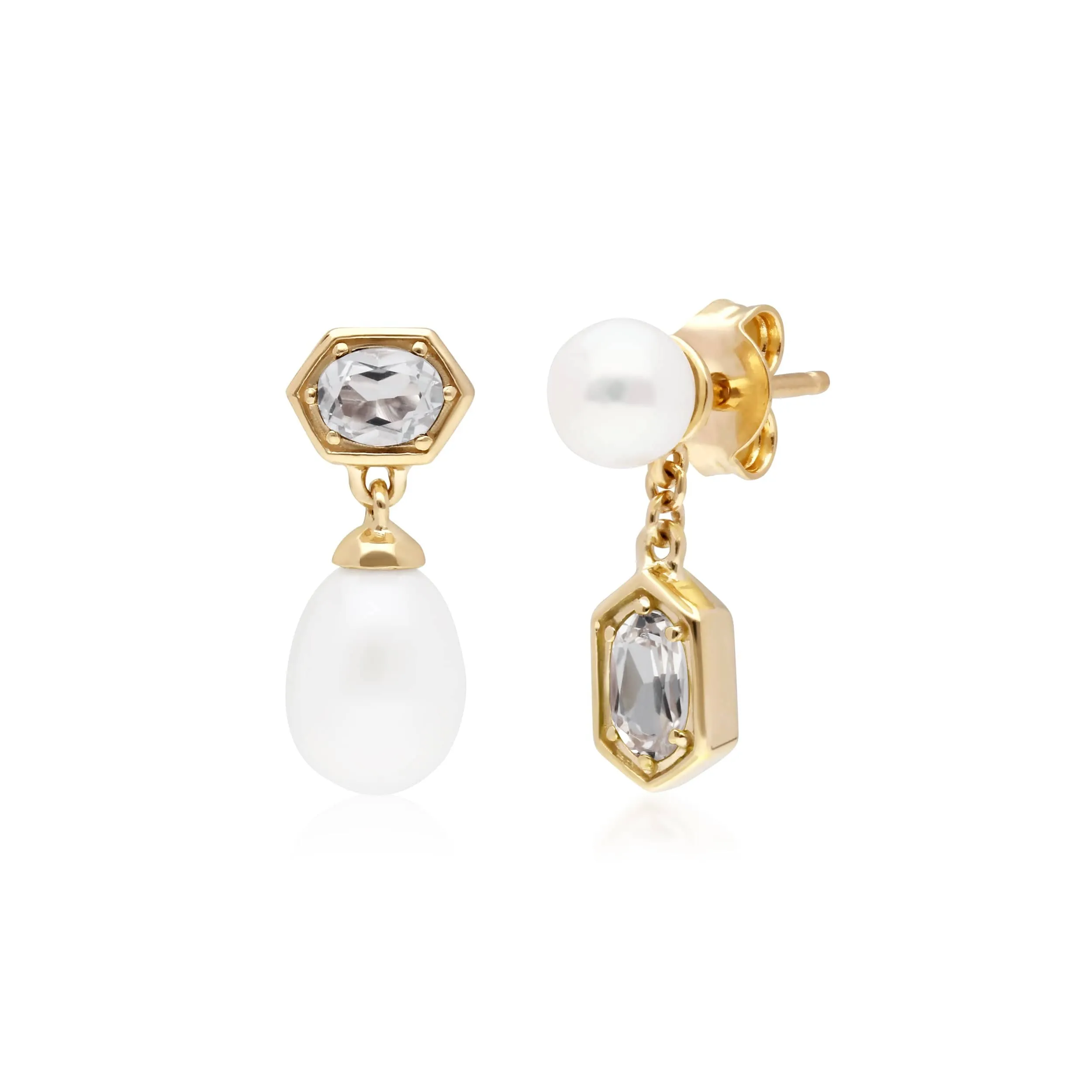 Modern Pearl & White Topaz Mismatched Drop Earrings in Gold Plated Silver sold by Gemondo Jewellery