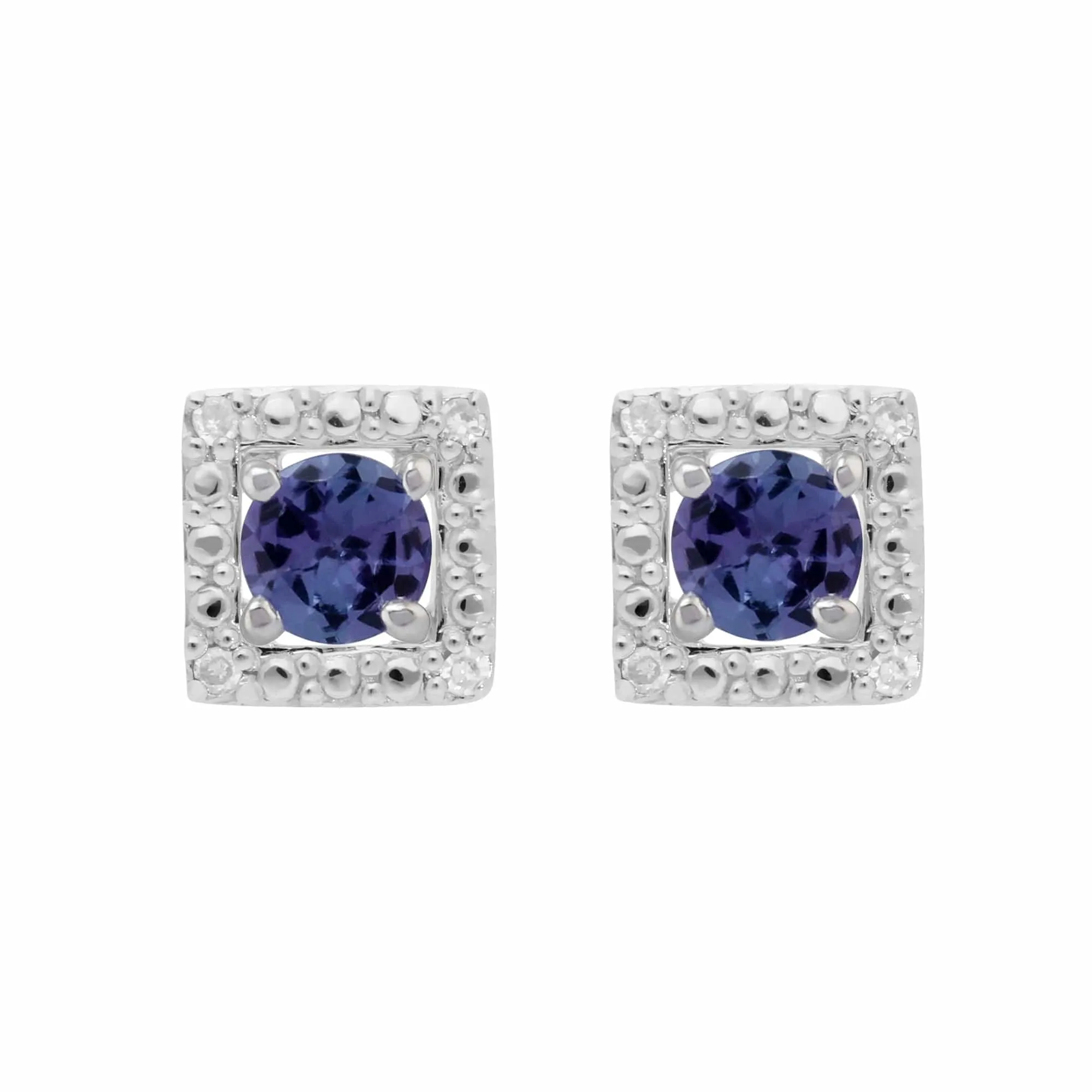 Classic Round Tanzanite Stud Earrings with Detachable Diamond Square Ear Jacket in 9ct White Gold sold by Gemondo Jewellery