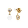 Modern Pearl & White Topaz Mismatched Drop Earrings in Gold Plated Silver sold by Gemondo Jewellery