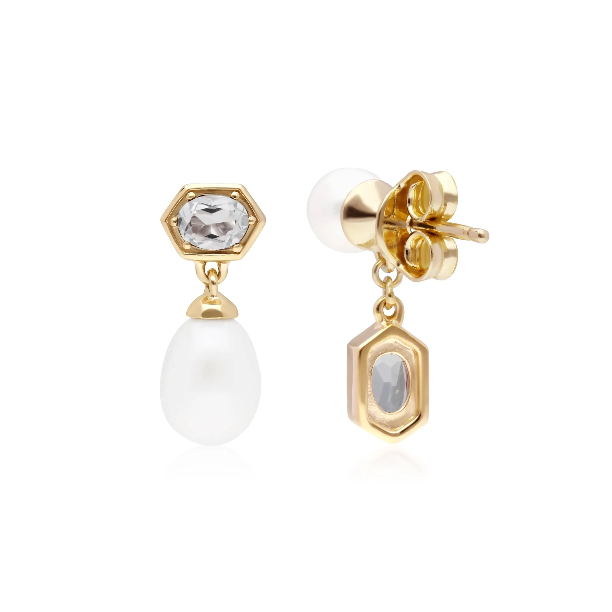 Modern Pearl & White Topaz Mismatched Drop Earrings in Gold Plated Silver sold by Gemondo Jewellery product image thumbnail 2