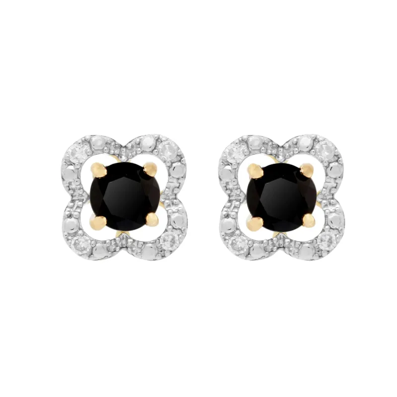 Classic Round Black Onyx Studs with Detachable Diamond Floral Ear Jacket in 9ct Yellow Gold sold by Gemondo Jewellery