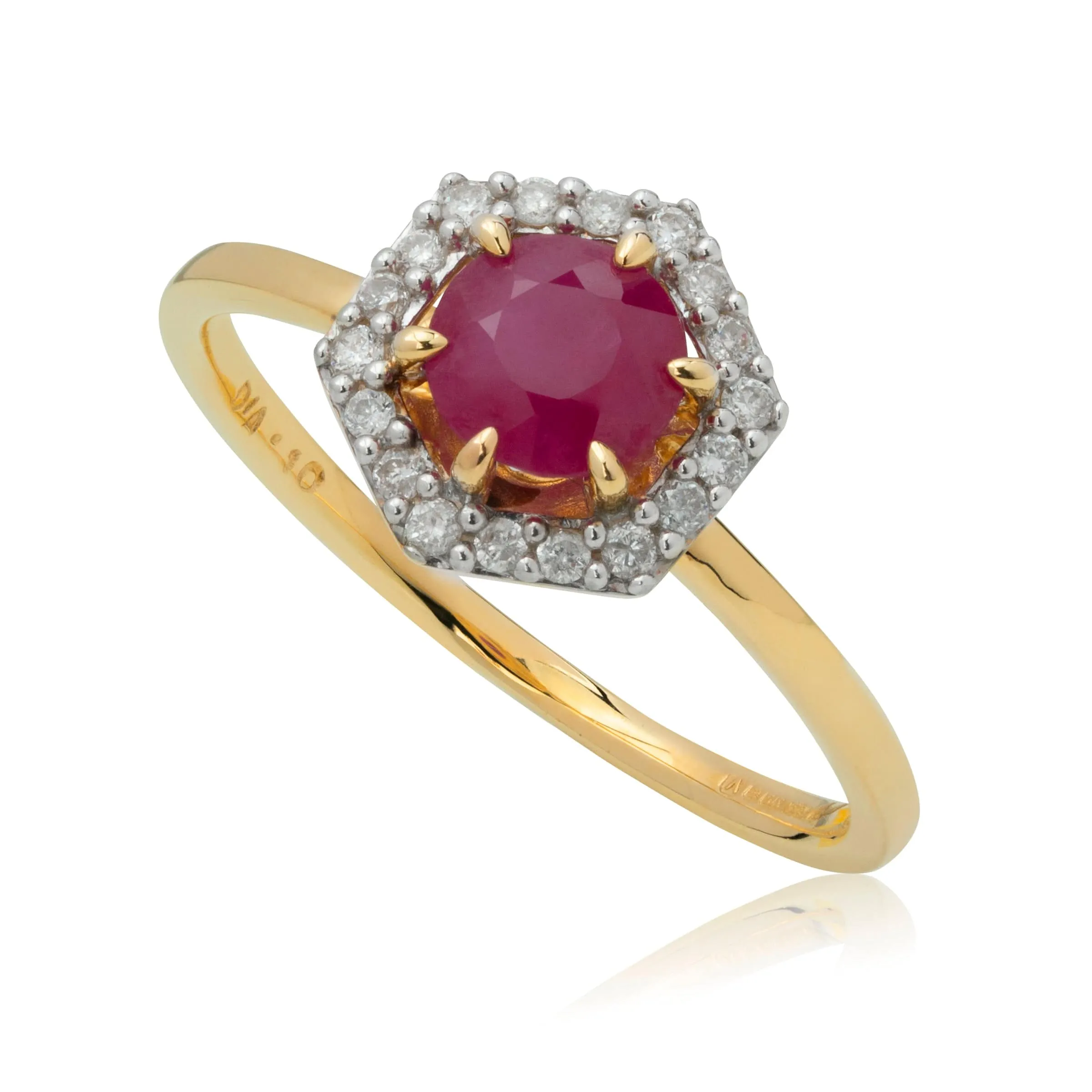 18ct Yellow Gold 0.92ct Ruby & Diamond Halo Engagement Ring sold by Gemondo Jewellery