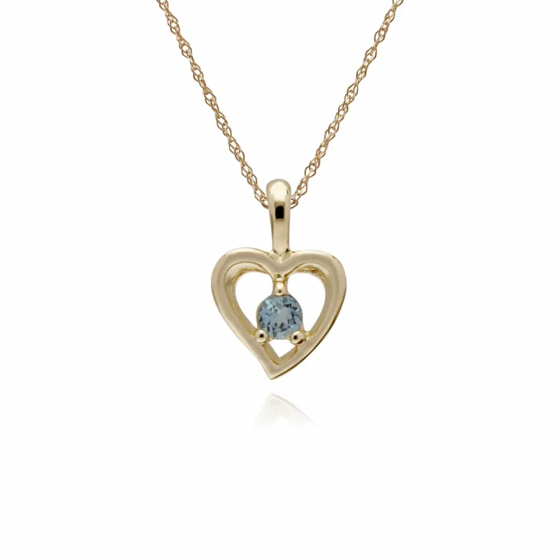 Classic Single Stone Round Aquamarine Open Love Heart Pendant in 9ct Yellow Gold sold by Gemondo Jewellery
