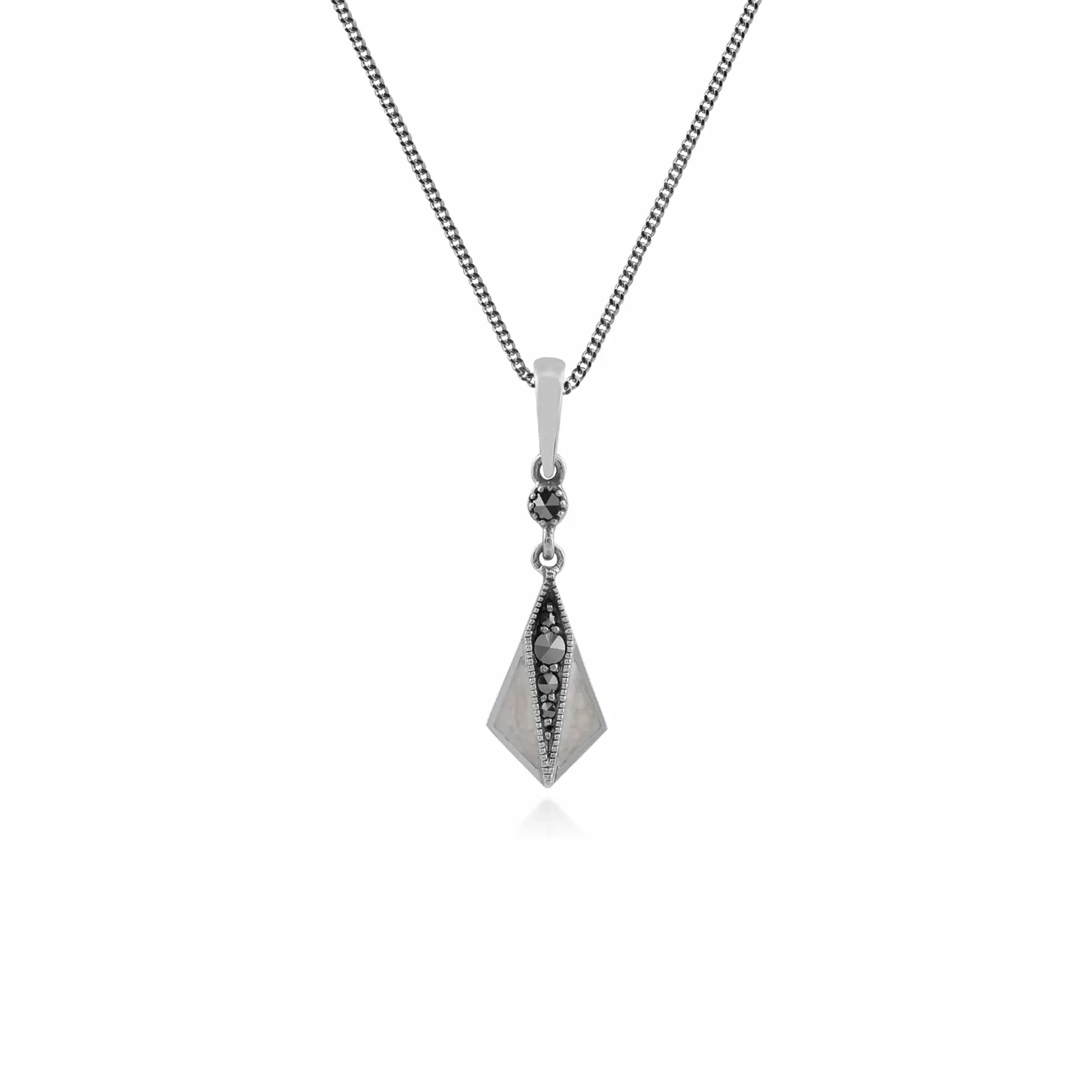 Gemondo Sterling Silver White Enamel & Marcasite Art Deco Pendant on 45cm Chain sold by Gemondo Jewellery