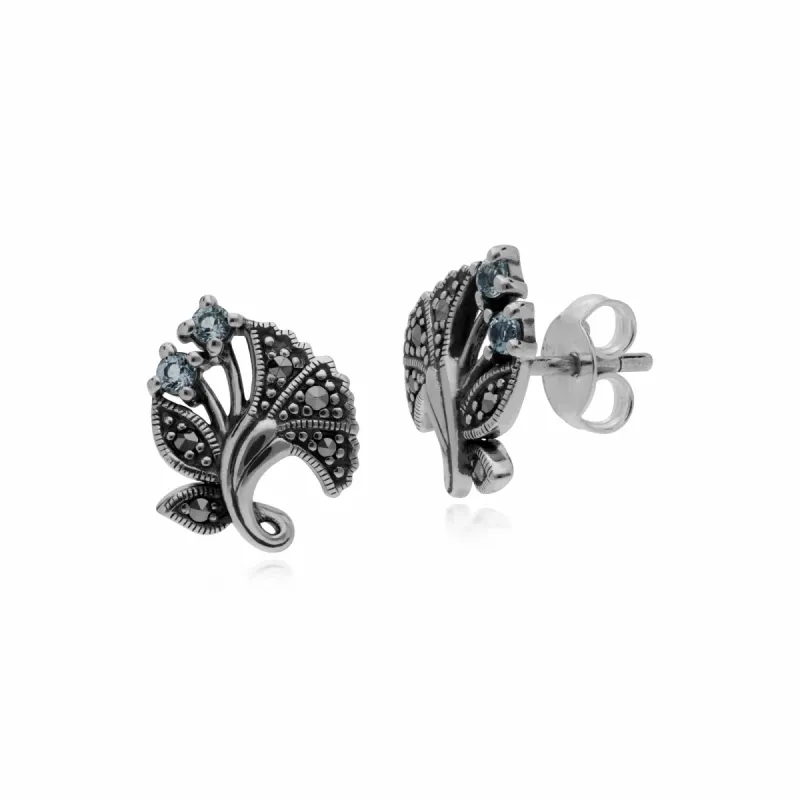 Art Nouveau Style Round Blue Topaz Leaf Stud Earrings in 925 Sterling Silver sold by Gemondo Jewellery