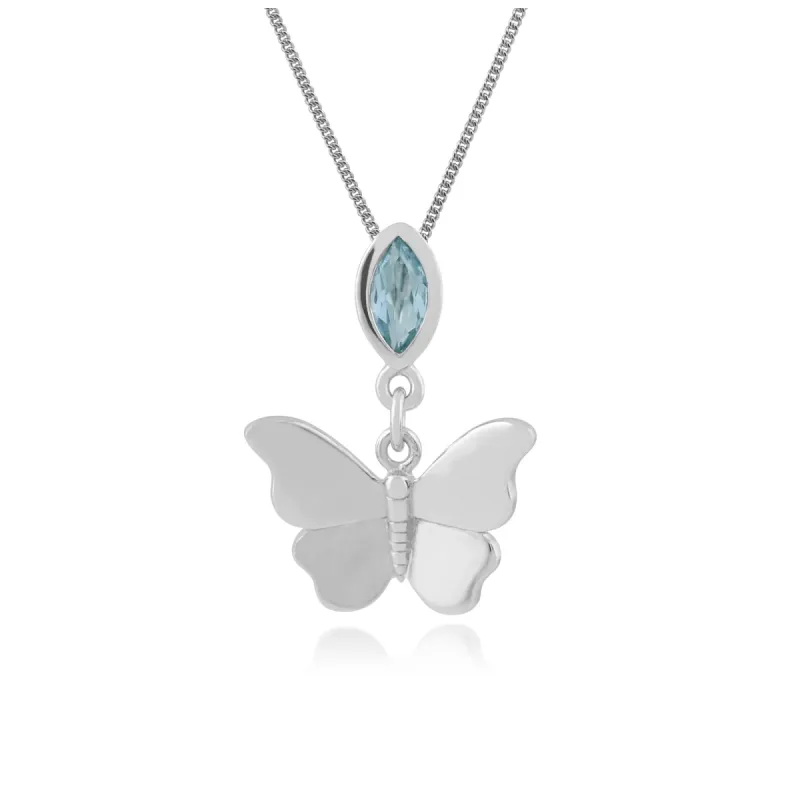 Classic Marquise Blue Topaz Butterfly Pendant in 9ct White Gold sold by Gemondo Jewellery