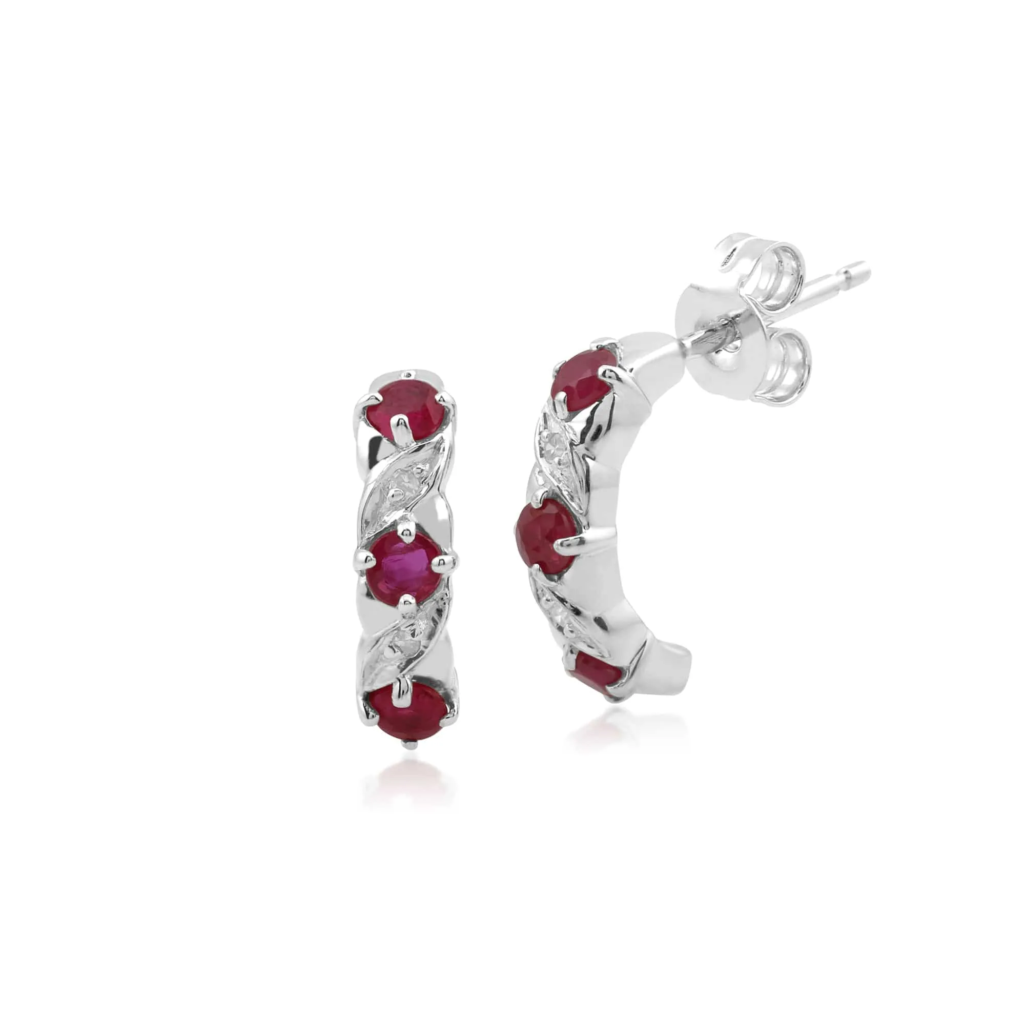 Classic Round Ruby & Diamond Half Hoop Earrings in 9ct White Gold sold by Gemondo Jewellery