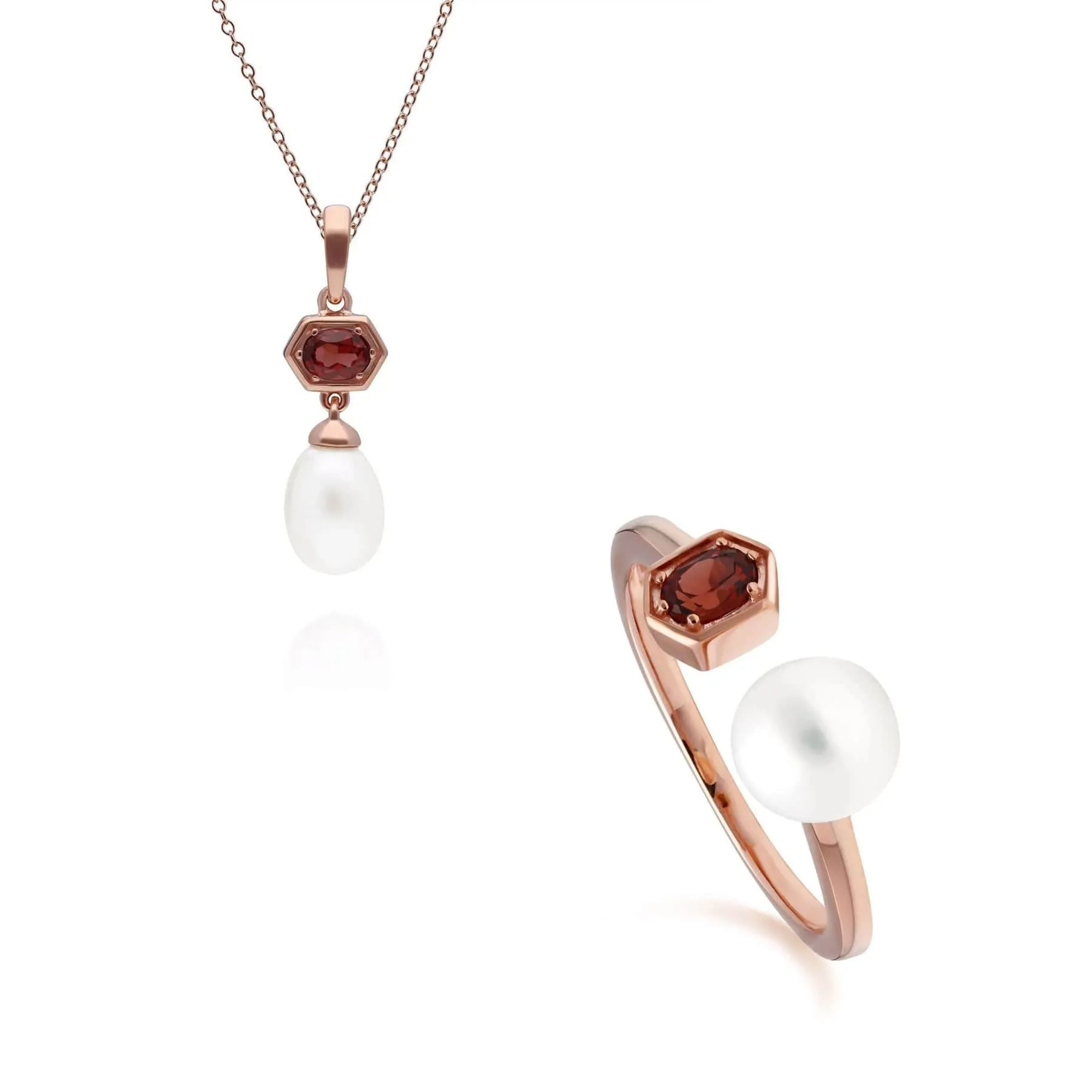 Modern Pearl & Garnet Pendant & Ring Set in Rose Gold Plated Silver sold by Gemondo Jewellery