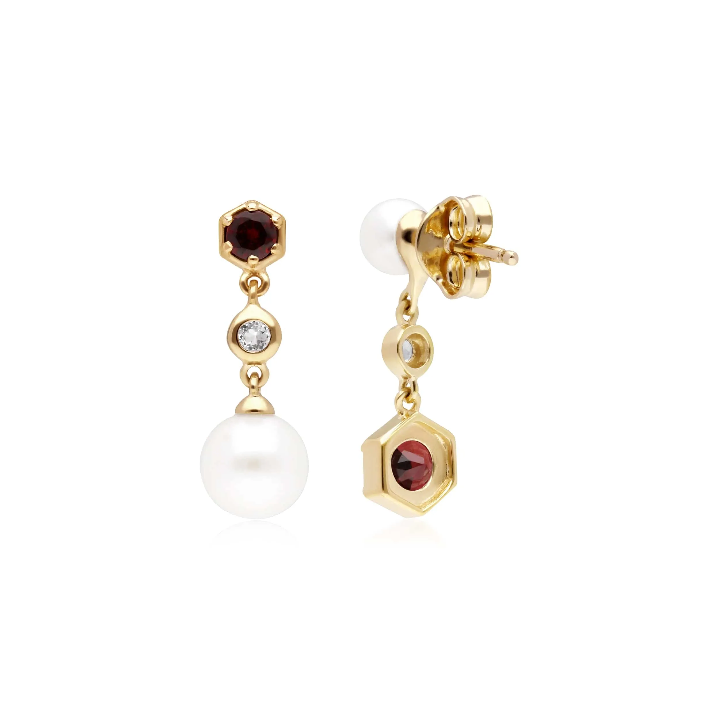Modern Pearl, Garnet & Topaz Mismatched Drop Earrings in Gold Plated Silver sold by Gemondo Jewellery product image thumbnail 2
