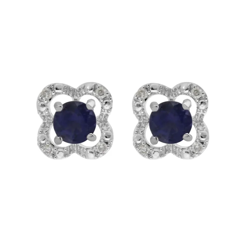 Classic Round Iolite Stud Earrings with Detachable Diamond Flower Ear Jacket in 9ct White Gold sold by Gemondo Jewellery