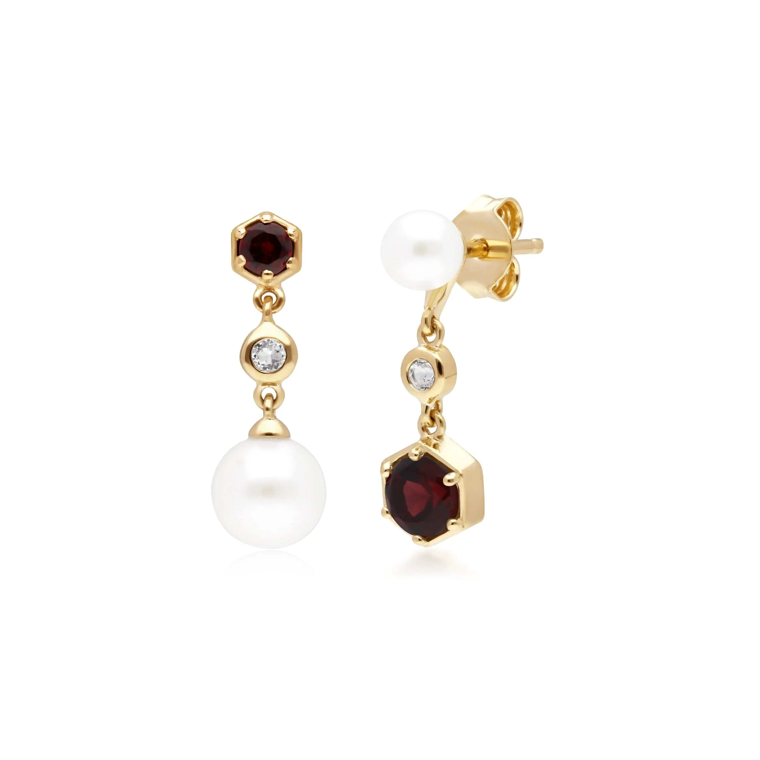 Modern Pearl, Garnet & Topaz Mismatched Drop Earrings in Gold Plated Silver sold by Gemondo Jewellery