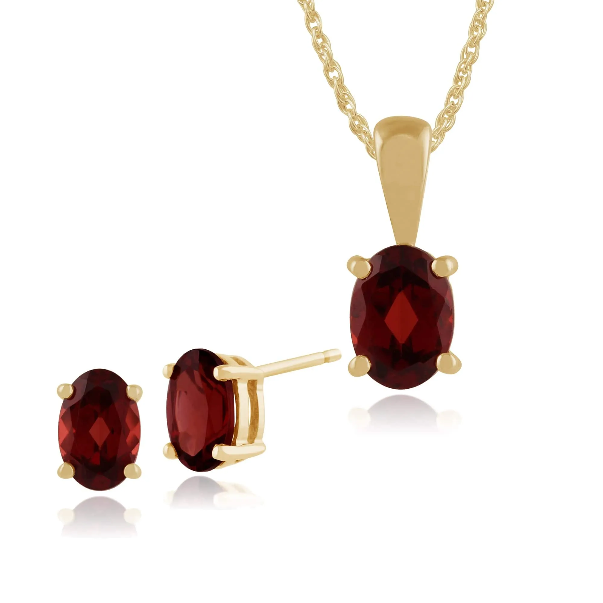 Classic Oval Garnet Single Stone Stud Earrings & Pendant Set in 9ct Yellow Gold sold by Gemondo Jewellery