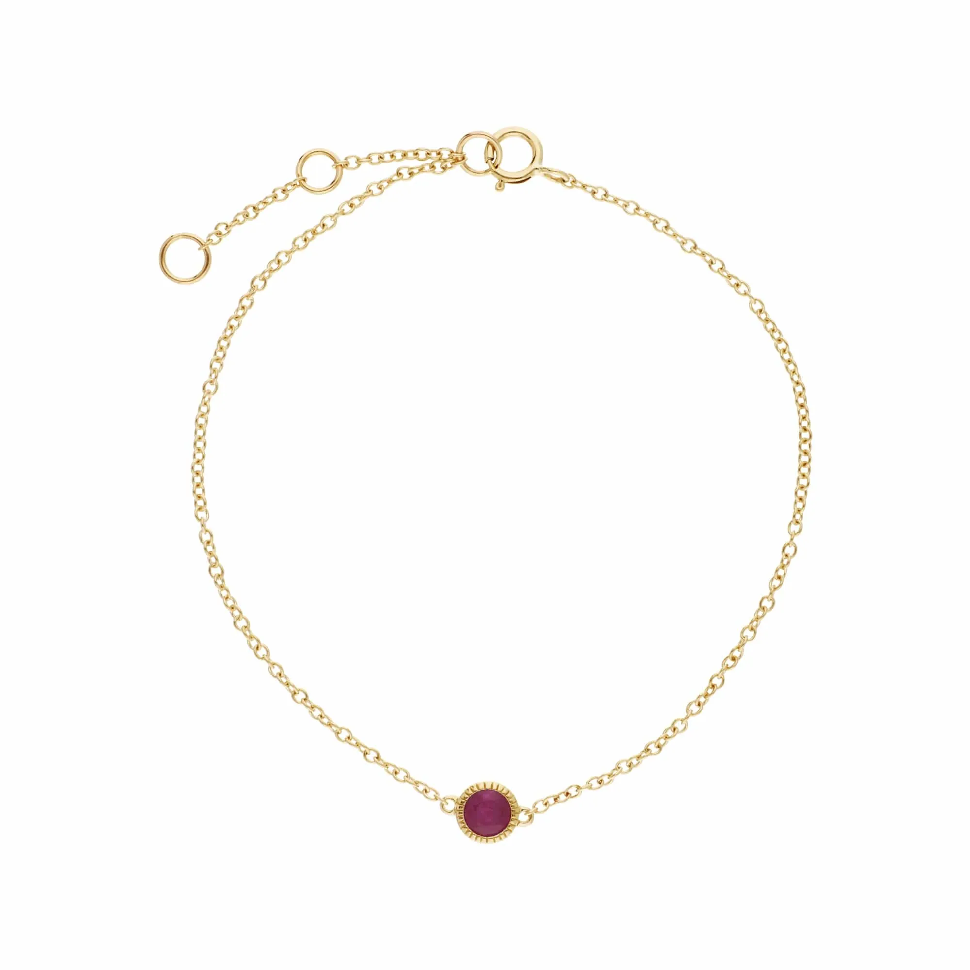 Classic Single Stone Round Ruby Milgrain Bracelet in 9ct Yellow Gold sold by Gemondo Jewellery
