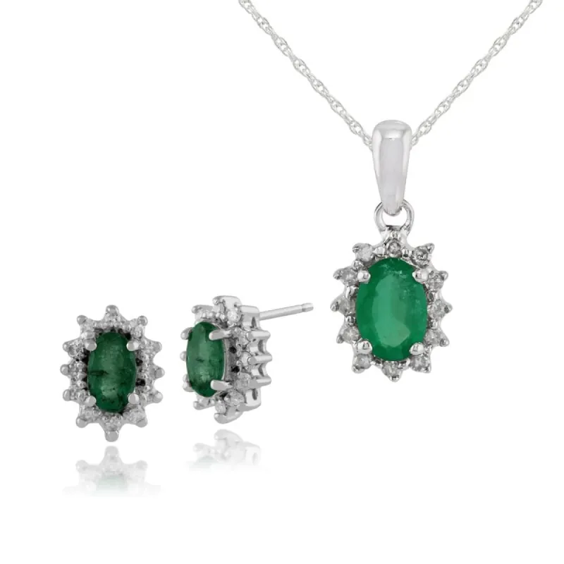 Classic Oval Emerald & Diamond Halo Cluster Stud Earrings & Pendant Set in 9ct White Gold sold by Gemondo Jewellery