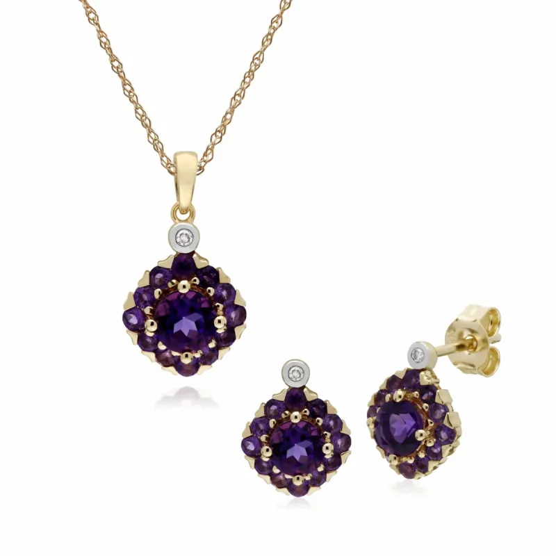 Classic Round Amethyst & Diamond Square Cluster Stud Earrings & Pendant Set in 9ct Yellow Gold sold by Gemondo Jewellery