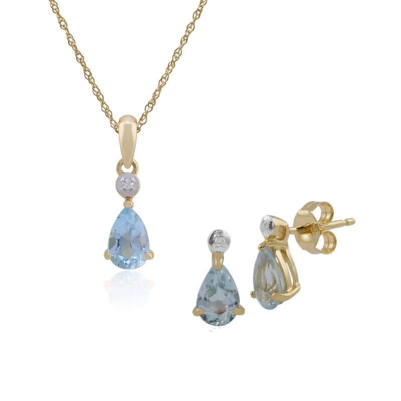 Classic Pear Blue Topaz & Diamond Stud Earrings & Pendant Set in 9ct Yellow Gold sold by Gemondo Jewellery