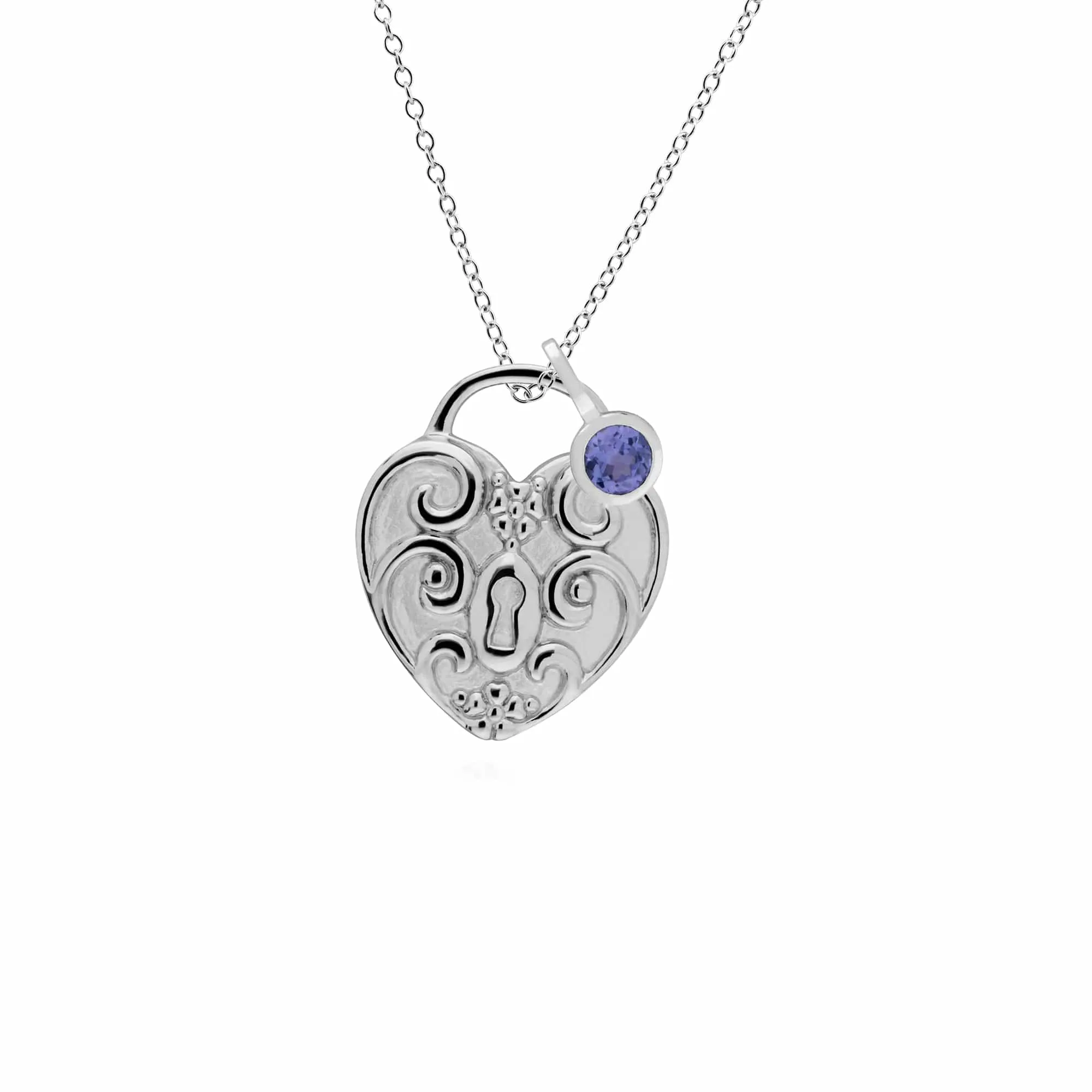 Classic Swirl Heart Lock Pendant & Tanzanite Charm in 925 Sterling Silver sold by Gemondo Jewellery