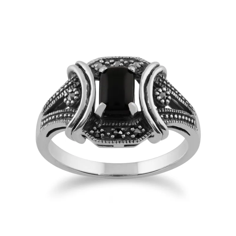 Art Deco Style Black Onyx Cabochon & Marcasite Ring in 925 Sterling Silver sold by Gemondo Jewellery