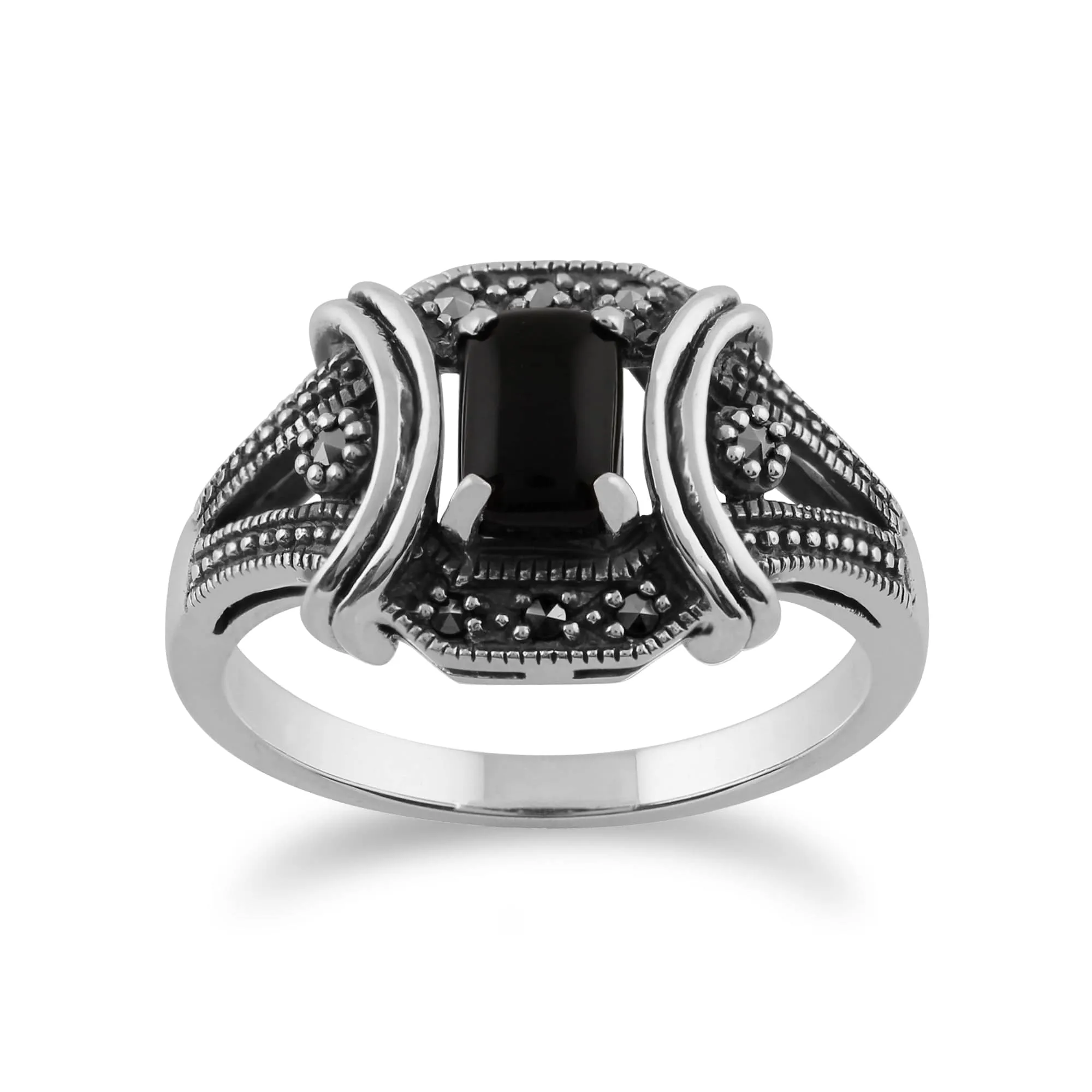 Art Deco Style Black Onyx Cabochon & Marcasite Ring in 925 Sterling Silver sold by Gemondo Jewellery
