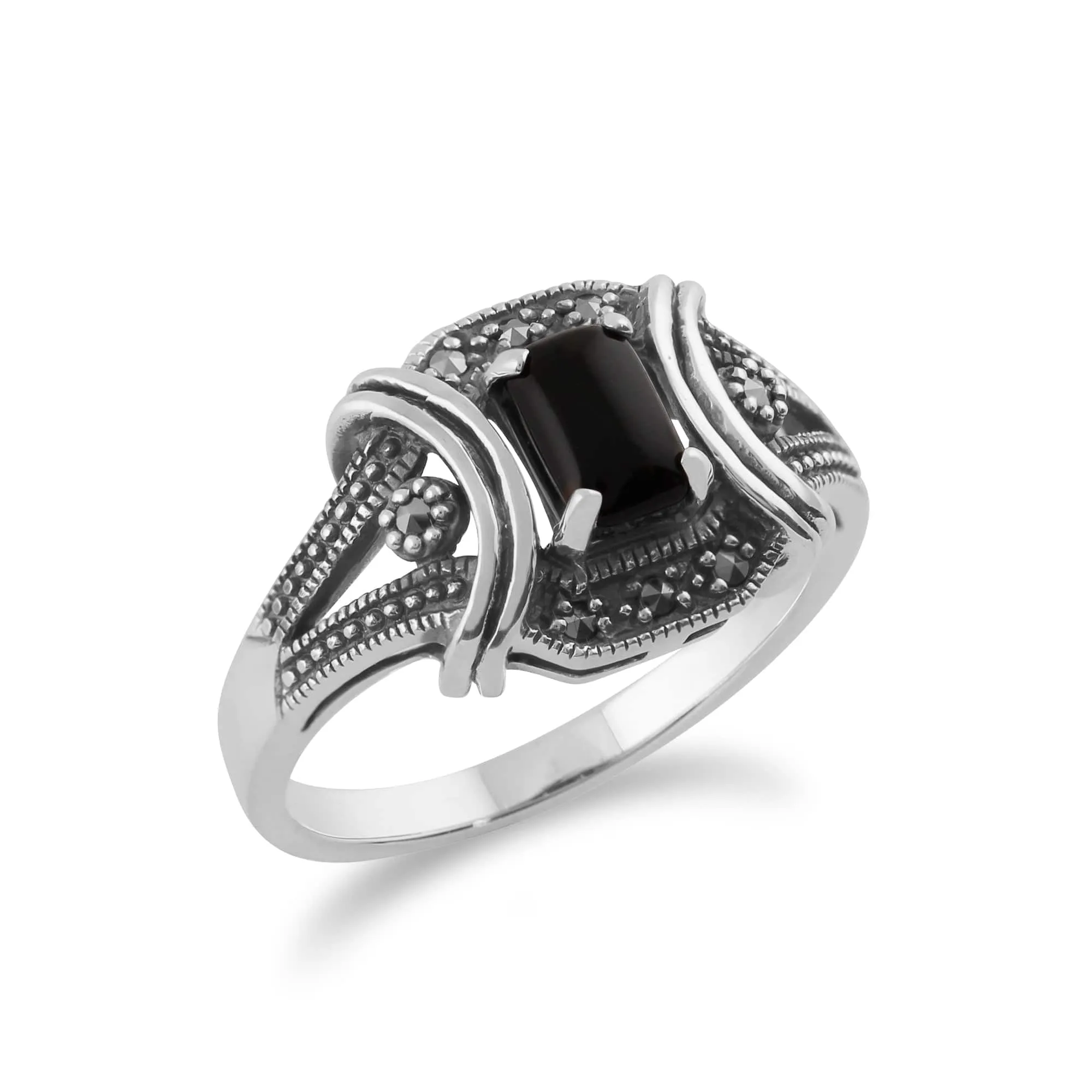 Art Deco Style Black Onyx Cabochon & Marcasite Ring in 925 Sterling Silver sold by Gemondo Jewellery product image thumbnail 2
