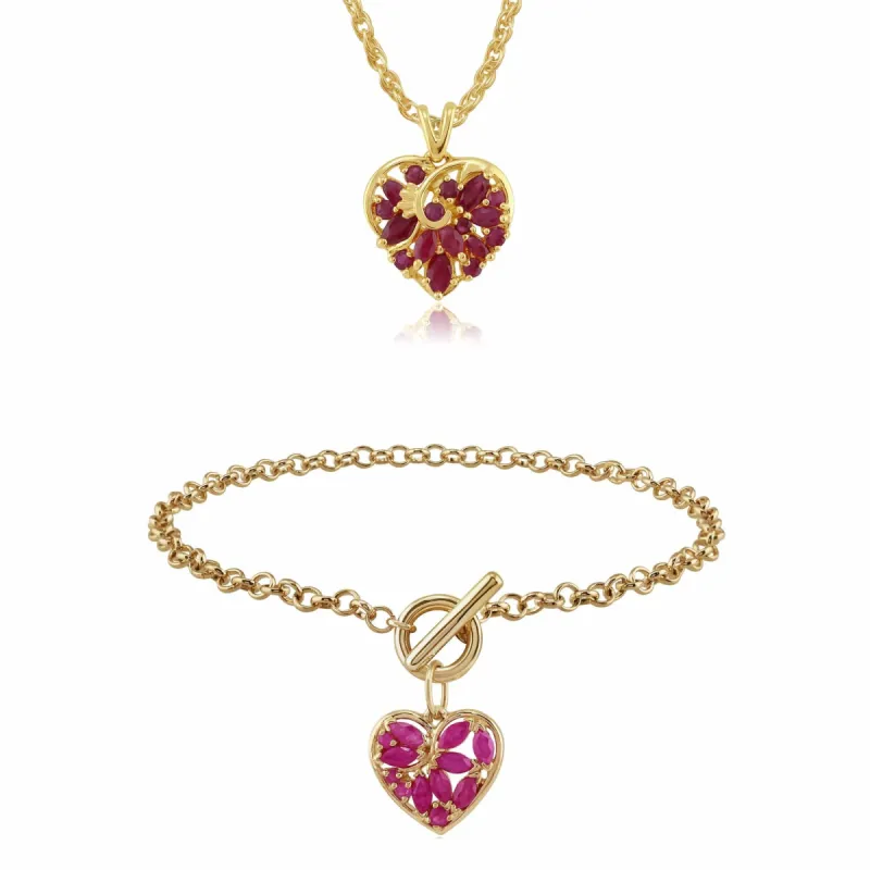 Classic Marquise Ruby Floral Heart Pendant & Bracelet Set in 9ct Gold sold by Gemondo Jewellery