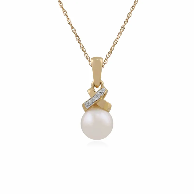 9ct Yellow Gold Pearl & Diamond Pendant on Chain sold by Gemondo Jewellery