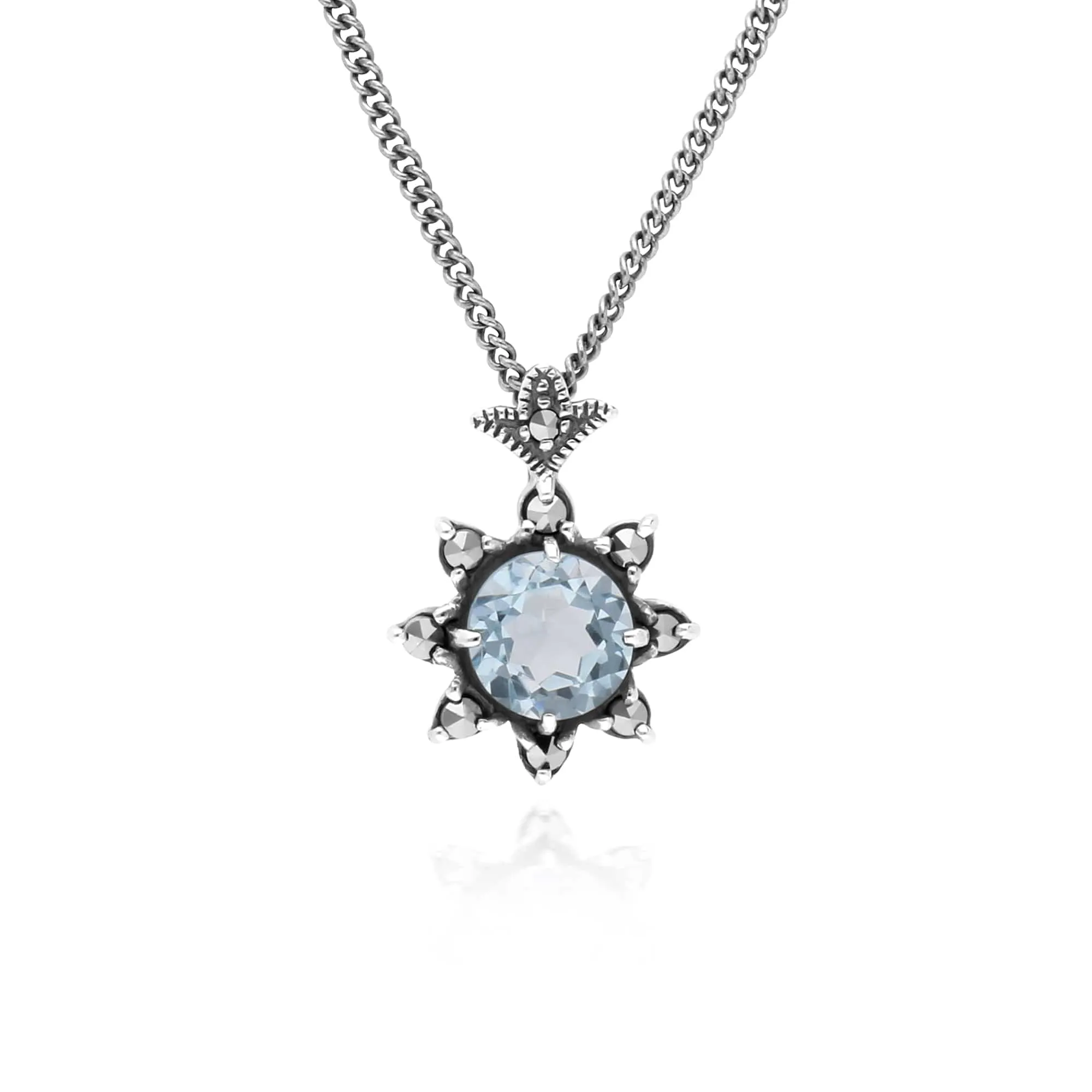 Floral Round Blue Topaz & Marcasite Pendant in 925 Sterling Silver sold by Gemondo Jewellery