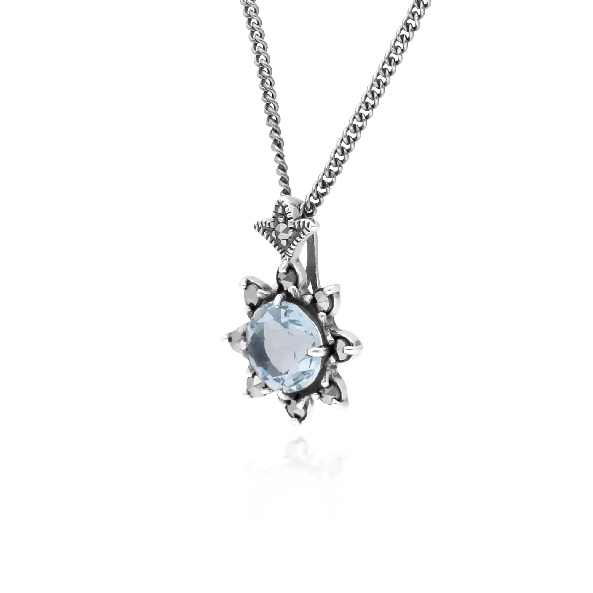 Floral Round Blue Topaz & Marcasite Pendant in 925 Sterling Silver sold by Gemondo Jewellery product image thumbnail 2