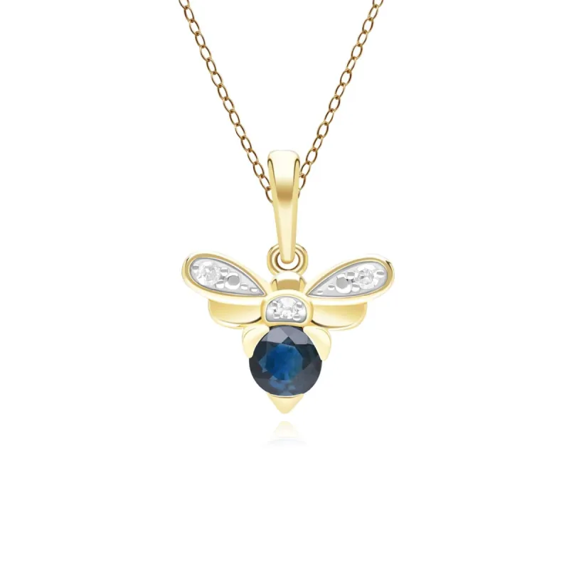 Honeycomb Inspired Blue Sapphire and Diamond Bee Pendant Necklace in 9ct Yellow Gold sold by Gemondo Jewellery