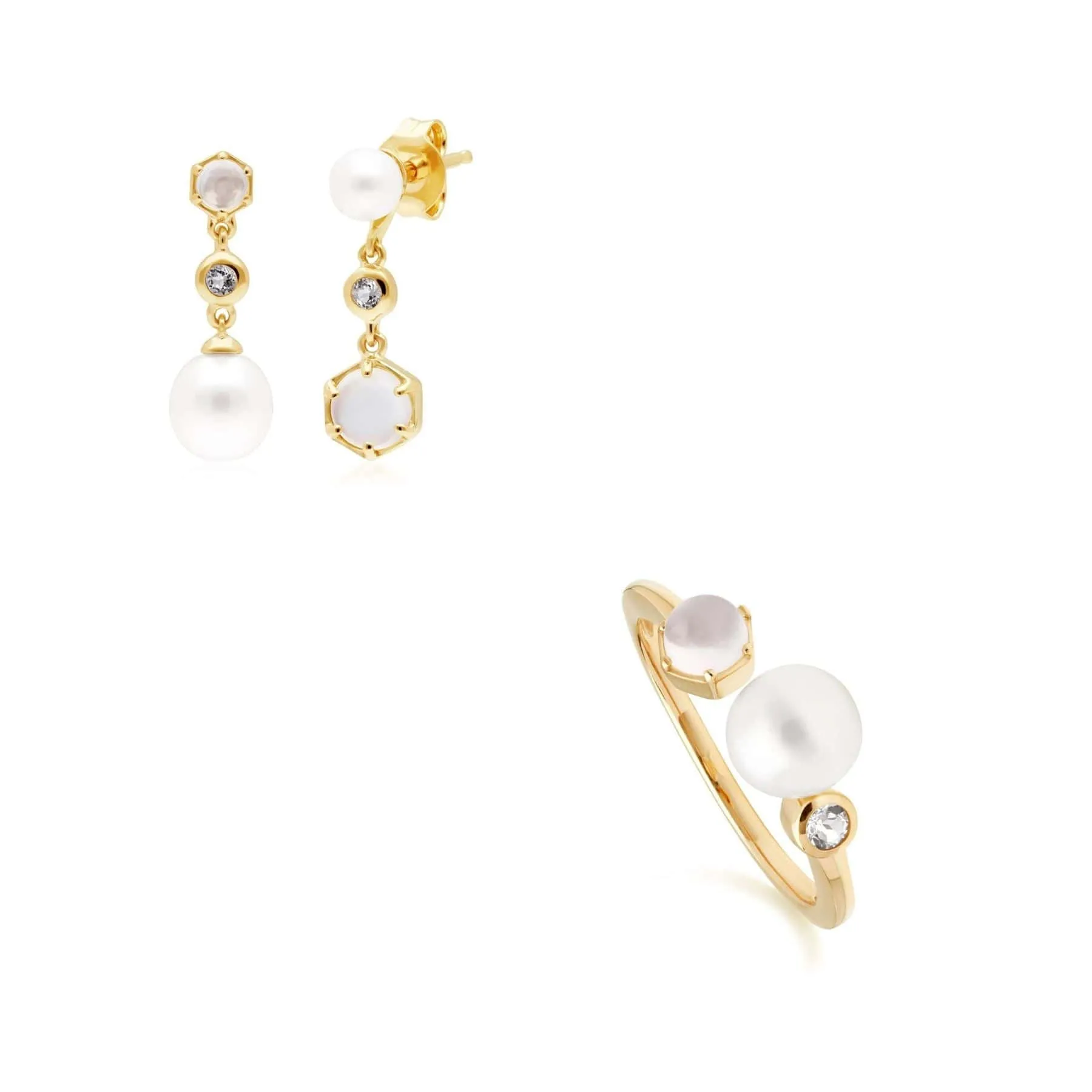 Modern Pearl, Topaz & Moonstone Earring & Ring Set in Gold Plated Silver sold by Gemondo Jewellery