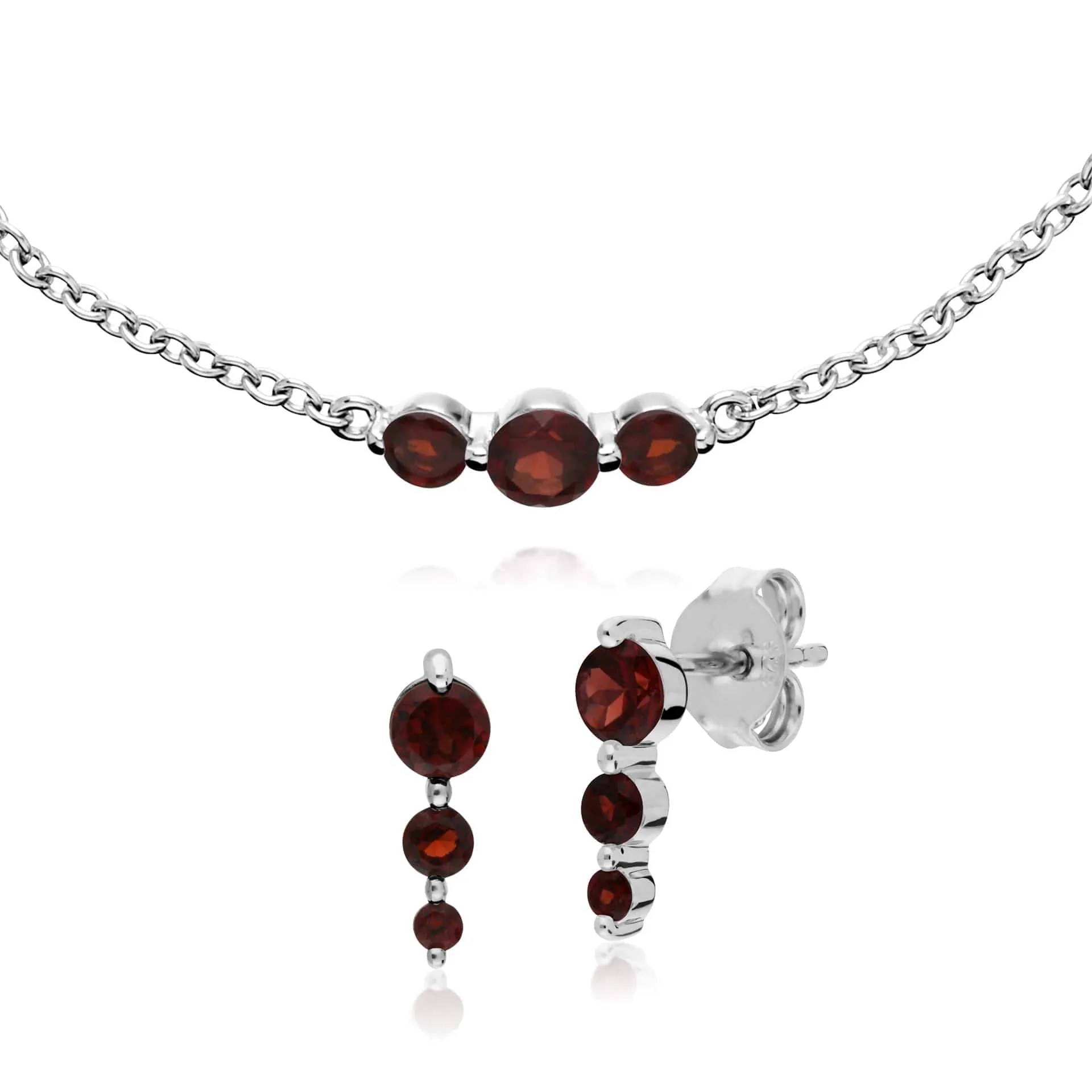 Classic Round Garnet Three Stone Gradient Earrings & Bracelet Set sold by Gemondo Jewellery