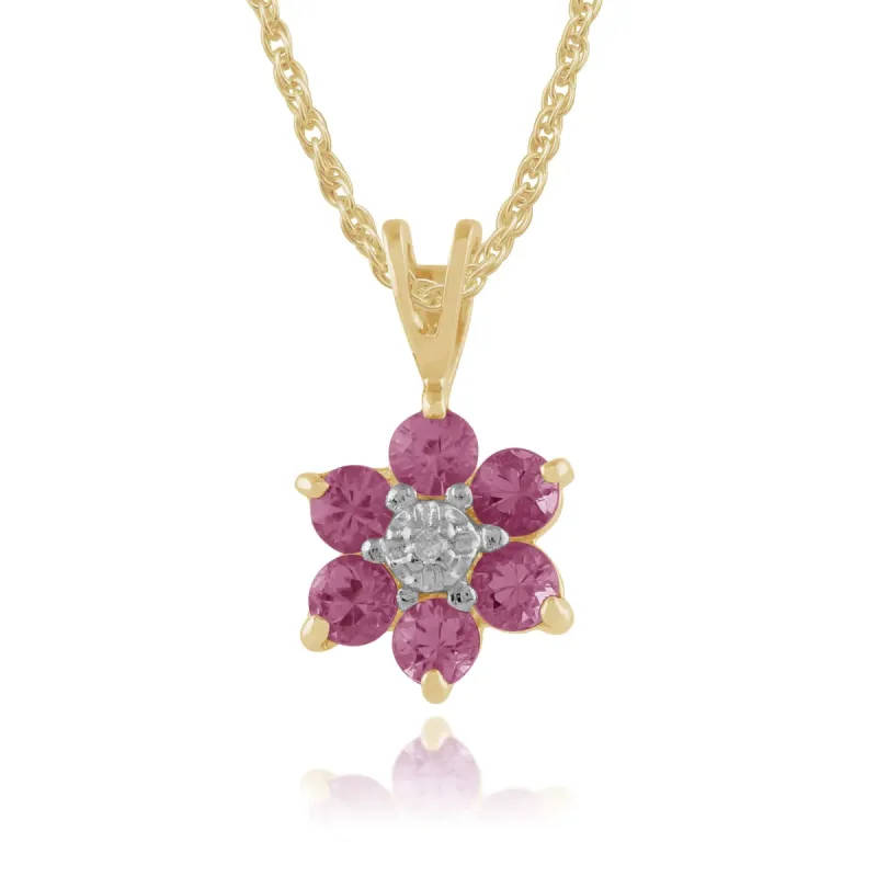 Floral Round Pink Sapphire & Diamond Cluster Pendant in 9ct Yellow Gold sold by Gemondo Jewellery