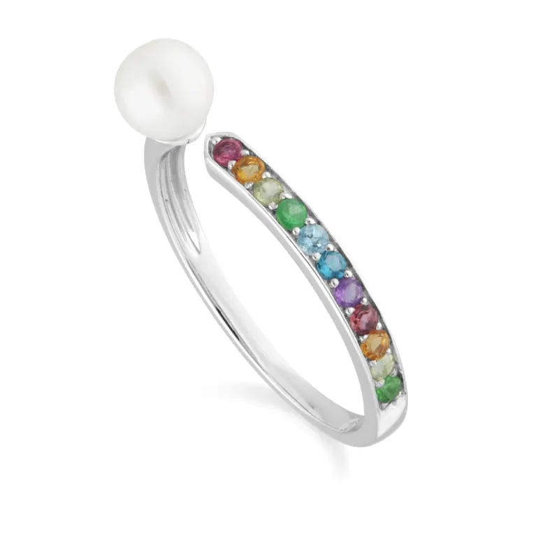 Rainbow Gemstone & Pearl Open Ring in 925 Sterling Silver sold by Gemondo Jewellery