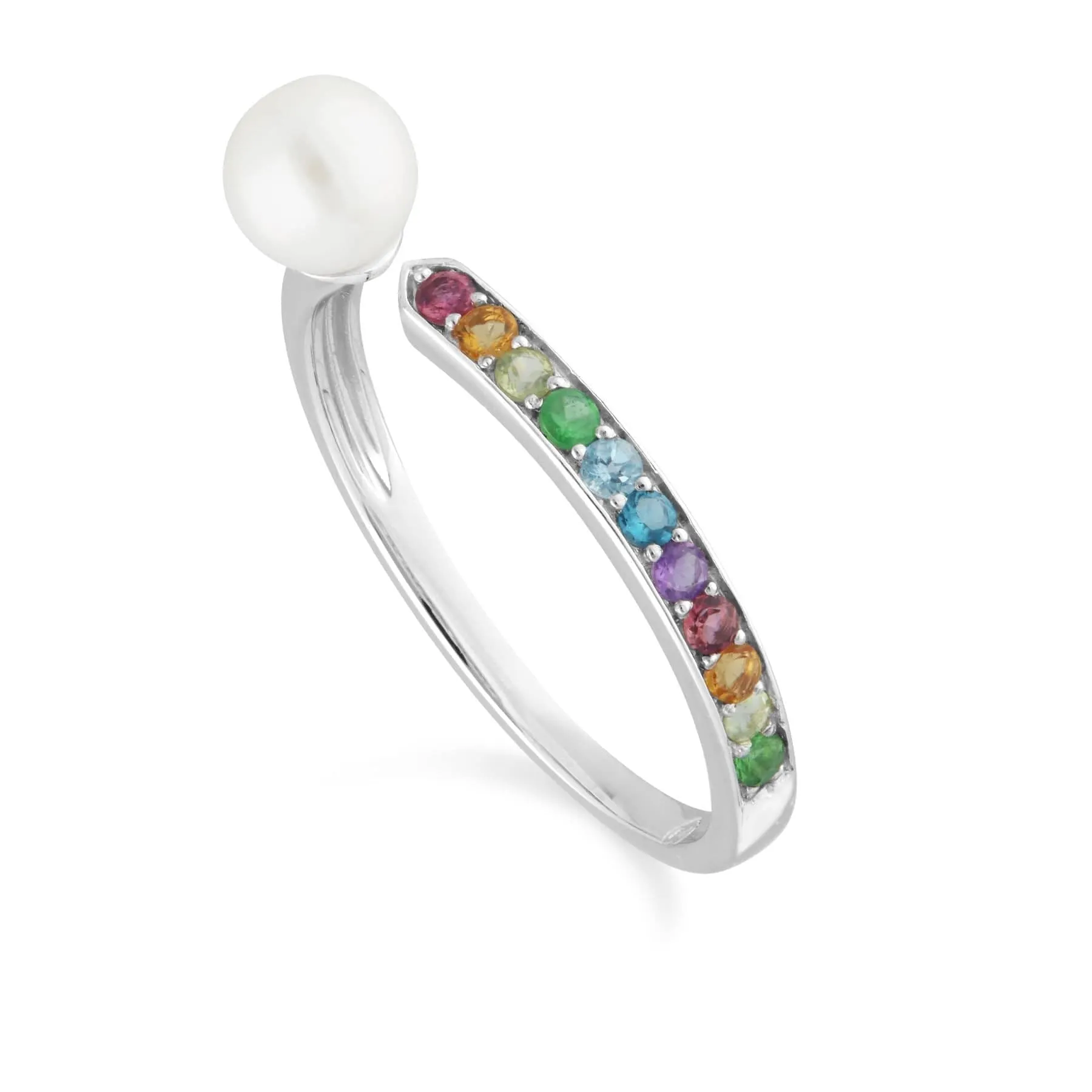 Rainbow Gems & Pearl Open Ring in Sterling Silver sold by Gemondo Jewellery
