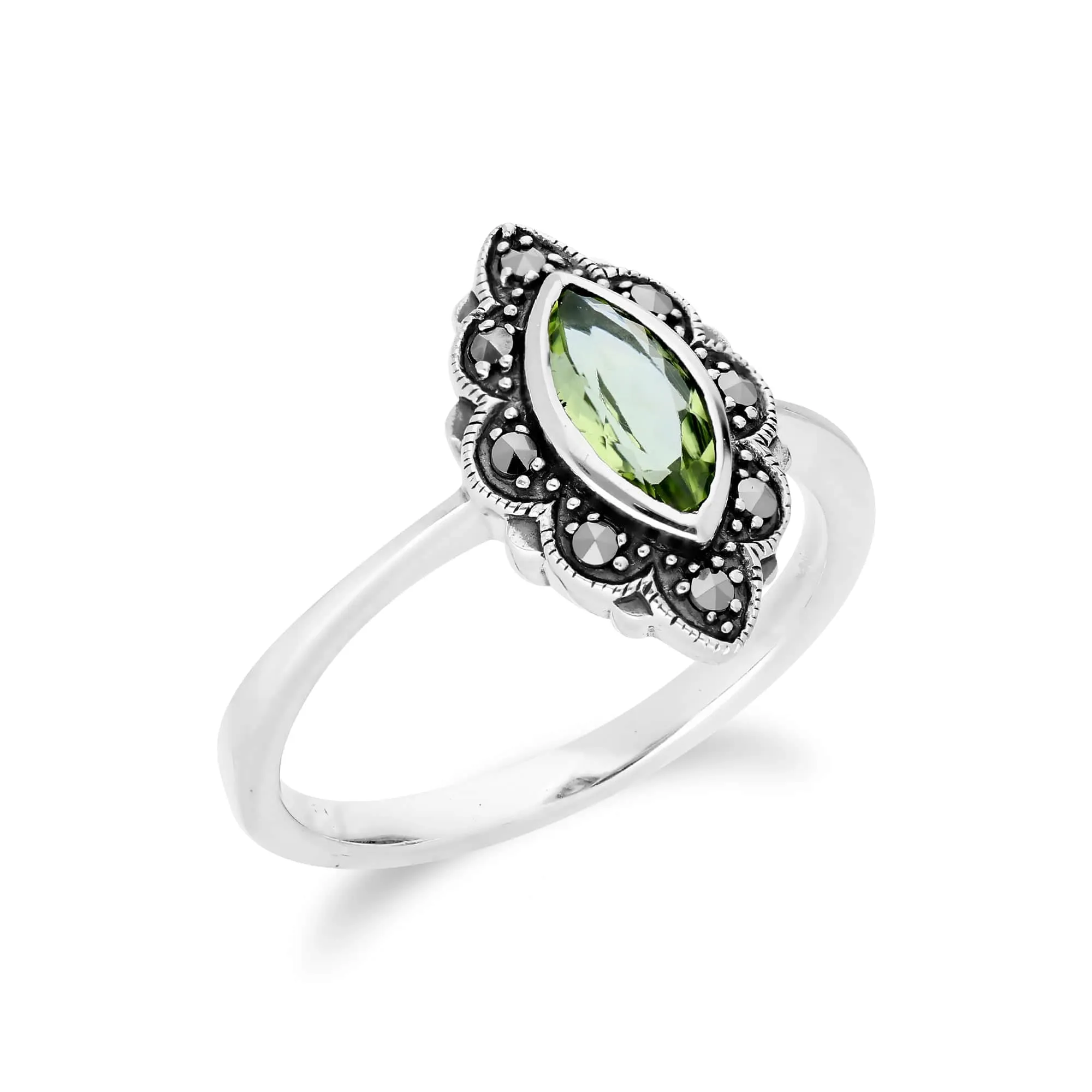 Art Nouveau Marquise Peridot & Marcasite Leaf Ring in 925 Sterling Silver sold by Gemondo Jewellery product image thumbnail 2