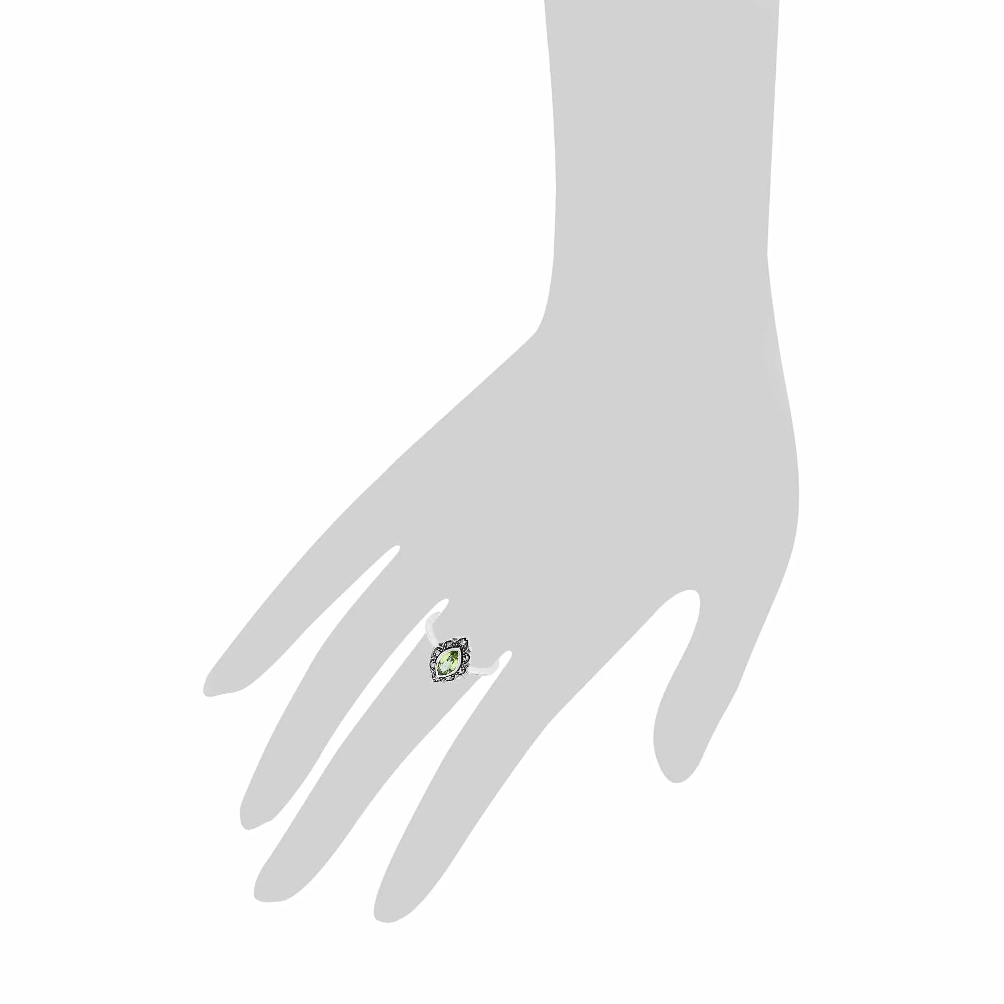 Art Nouveau Marquise Peridot & Marcasite Leaf Ring in 925 Sterling Silver sold by Gemondo Jewellery product image thumbnail 3