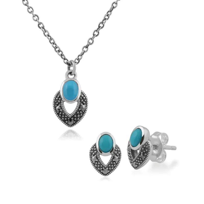 Art Deco Style Oval Turquoise & Marcasite Stud Earrings & Pendant Set in Sterling Silver sold by Gemondo Jewellery