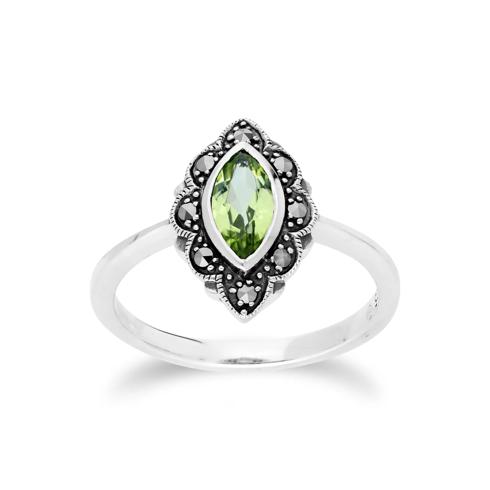 Art Nouveau Marquise Peridot & Marcasite Leaf Ring in 925 Sterling Silver sold by Gemondo Jewellery