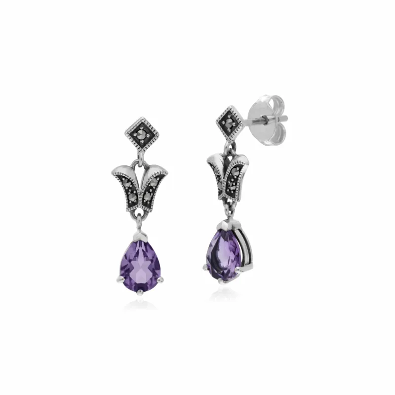 Art Nouveau Style Pear Amethyst & Marcasite Drop Earrings in 925 Sterling Silver sold by Gemondo Jewellery