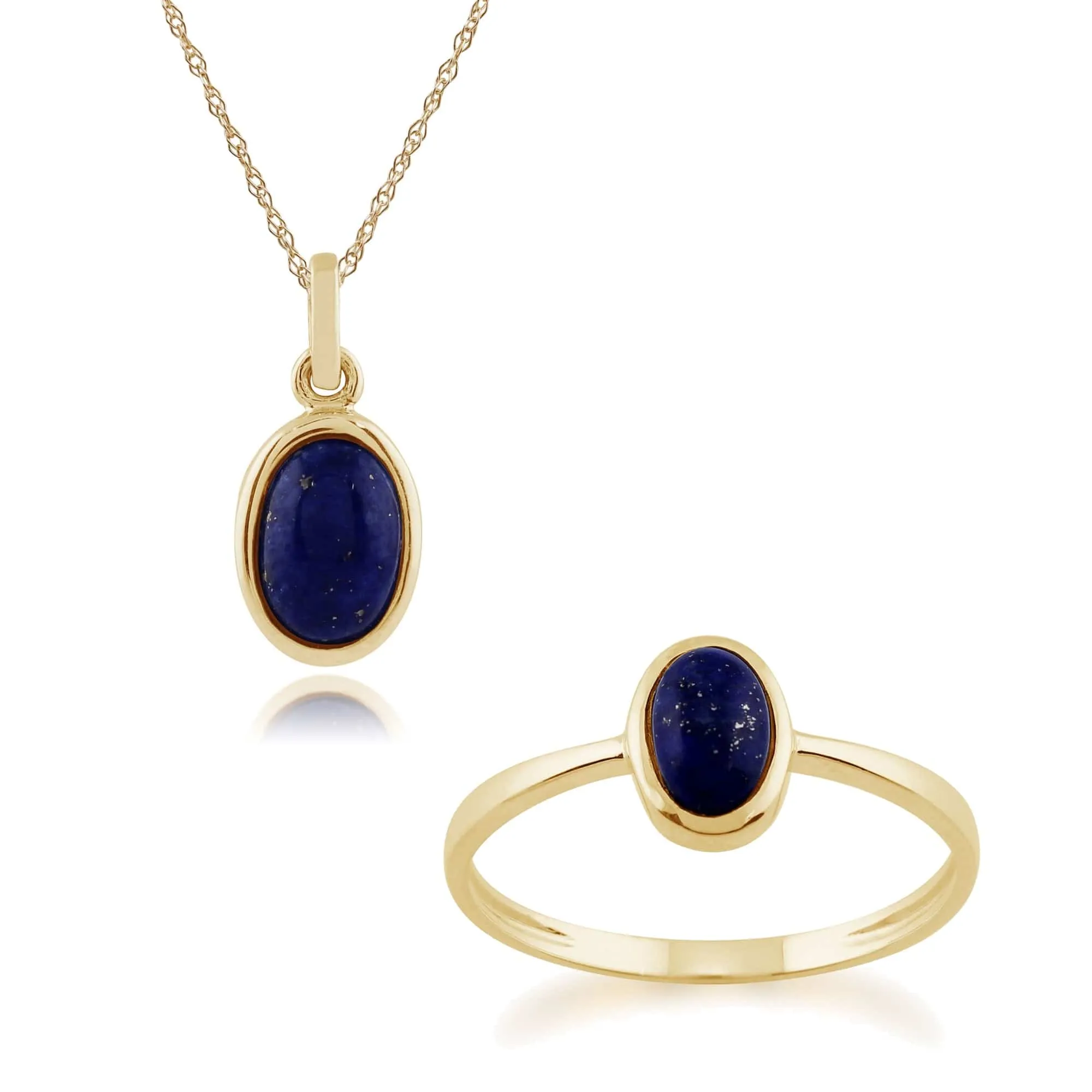 Classic Oval Lapis Lazuli Bezel Pendant & Solitaire Ring Set in 9ct Yellow Gold sold by Gemondo Jewellery